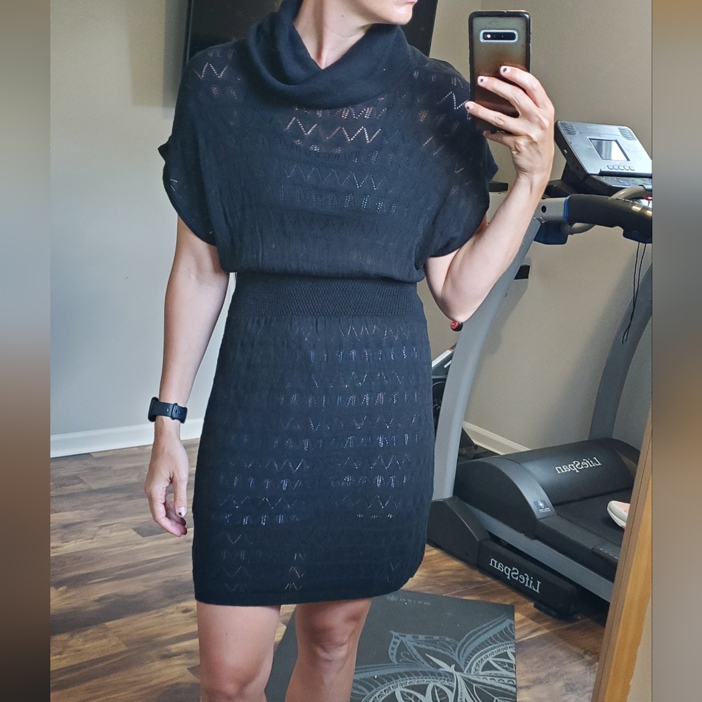 H&M BLACK SHEER KNIT COWL NECK SHORT BAT SLEEVE MINI DRESS COVER UP.